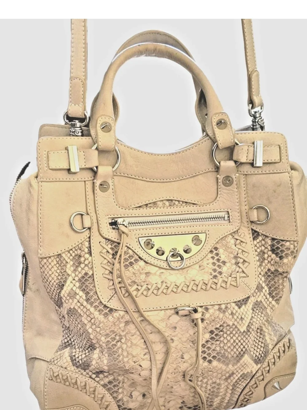 Beige Women's Snake-Texture Top-Handle Large Shoulder Leather Bag W/Spikes